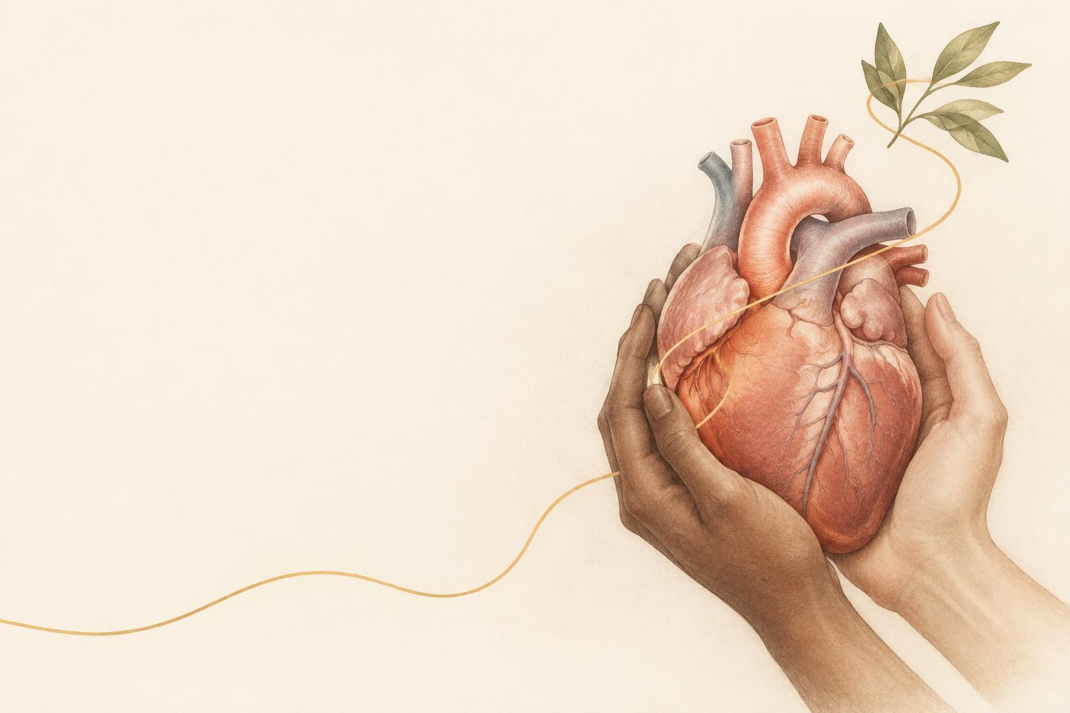 An illustrated human heart held gently by two caring hands, with an amber path leading toward new leaves